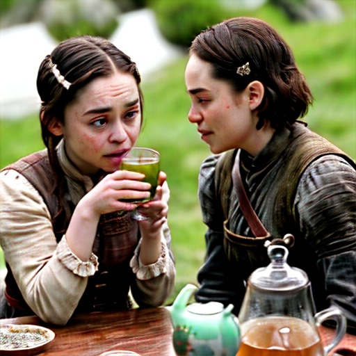 Prompt: Arya stark drinkig tea with Emilia Clarke