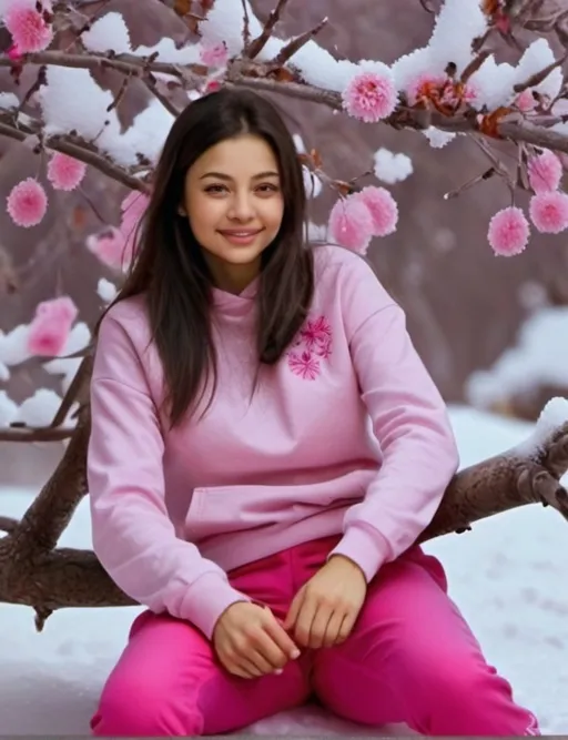 Prompt: a woman in a pink sweatshirt and pink pants sitting on a tree branch in the snow with pink flowers, Elina Karimova, naive art, promotional image, a picture