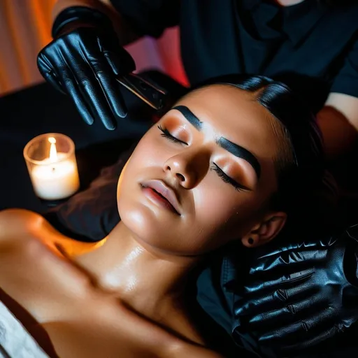 Prompt: Generate a professional photo of a powder brows tattoo procedure of a subject laying on a tattoo bed with eye closed. Use black gloves in the procedure. The scene is serene and lighted warm to be inviting.
