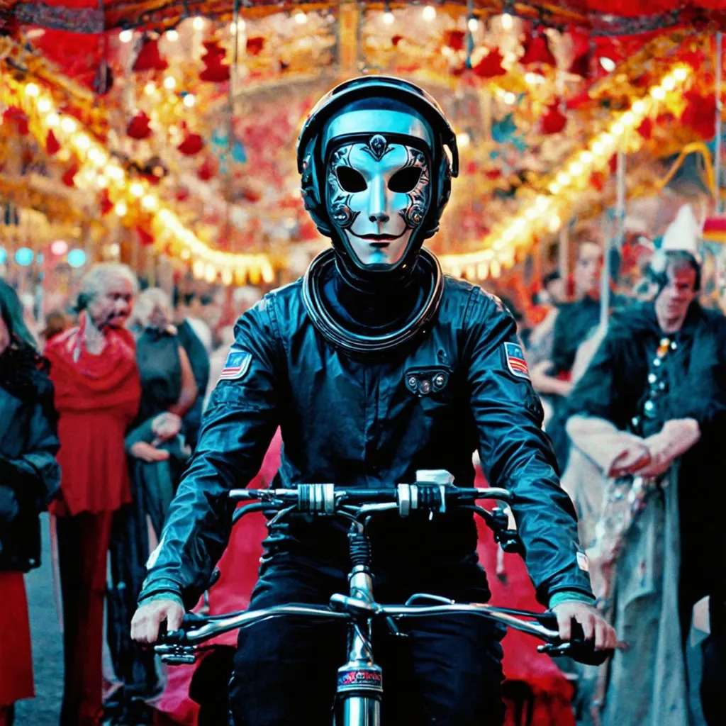 Prompt: venice mask astronaut goth in a carnival ON A ALBERT HOFFMAN LSD BYCICLE  in the syzygy BACKGROUND screenshot of 1987 Dark Souls fantasy film
