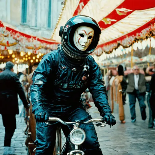 Prompt: venice mask astronaut goth in a carnival ON A ALBERT HOFFMAN LSD BYCICLE  in the syzygy BACKGROUND screenshot of 1987 Dark Souls fantasy film
