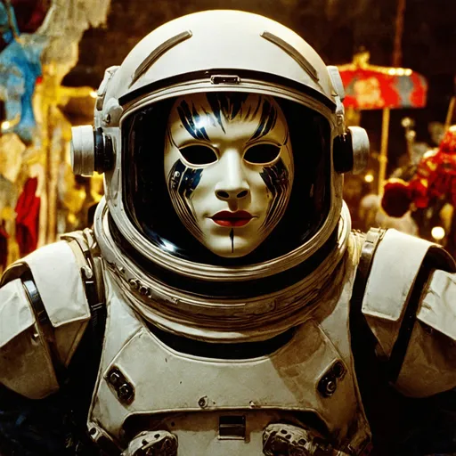 Prompt: venice mask astronaut goth in a carnival in the syzygy screenshot of 1987 Dark Souls fantasy film
