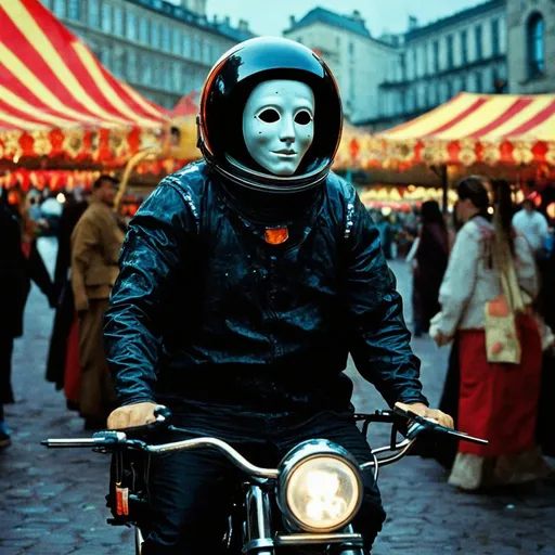 Prompt: venice mask astronaut goth in a carnival ON A ALBERT HOFFMAN LSD BIKE in the syzygy BACKGROUND screenshot of 1987 Dark Souls fantasy film
