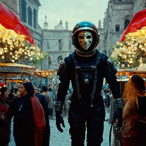 Prompt: venice mask astronaut goth in a carnival in the syzygy screenshot of 1987 Dark Souls fantasy film
