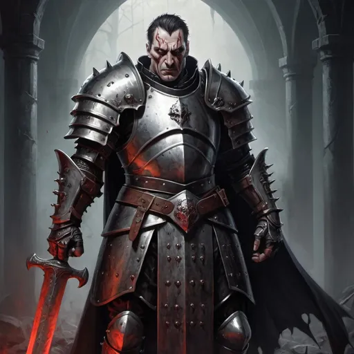 Prompt: gothic horror, male human paladin, wielding maul, middle aged, dented armor