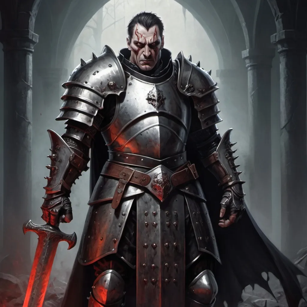 Prompt: gothic horror, male human paladin, wielding maul, middle aged, dented armor