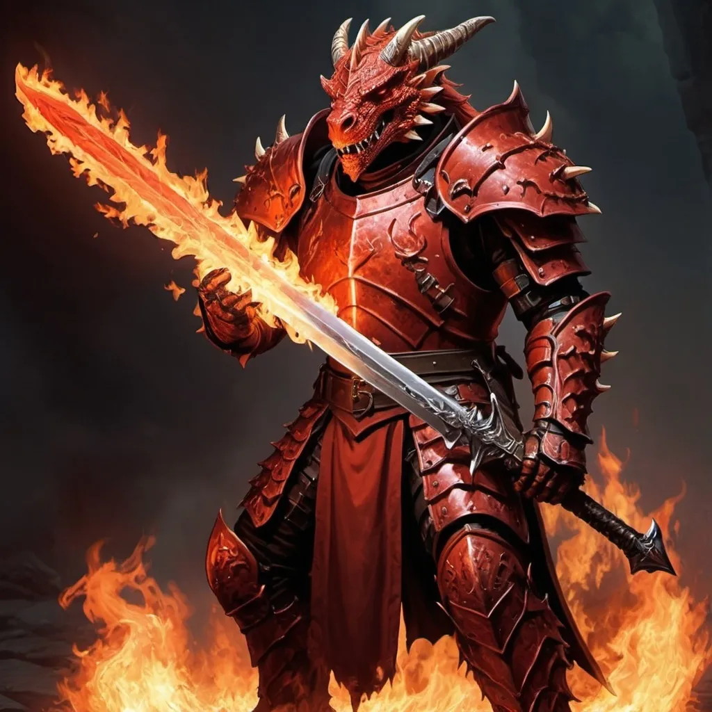 Prompt: gothic horror, male red dragonborn fighter, flaming greatsword, burning weapon, adamantine armor