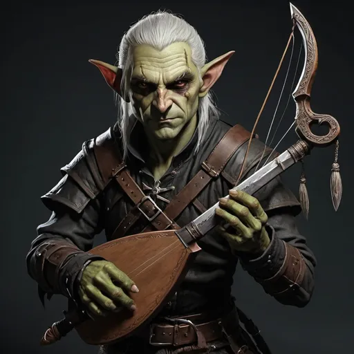 Prompt: gothic horror, male goblin witch hunter, the witcher, sword, crossbow, lute, bard