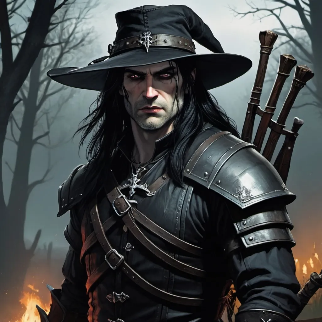 Prompt: Gothic Horror, Human Male, Witcher, Witch Hunter, Crossbow, long black hair, breastplate, hat