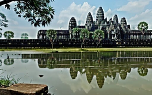 Prompt: Angkor Wat has a lake around the lake with beautiful fish