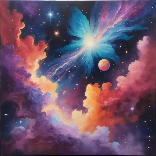 Prompt: Acrylic painting of space and nebulas that portray happiness and feminine atmosphere 