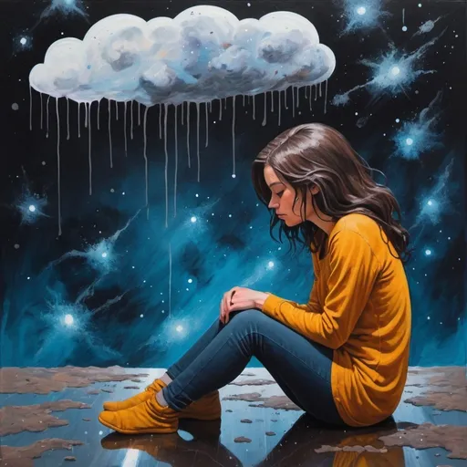 Prompt: Acrylic painting of a woman sitting on the ground slumped over while it is raining outside and there's a thought bubble coming from her head where you see images of galaxies in space