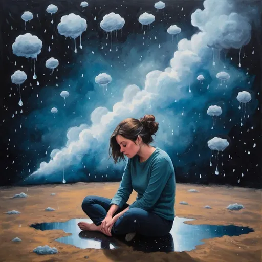 Prompt: Acrylic painting of a woman sitting on the ground slumped over while it is raining outside and there's a thought bubble coming from her head where you see images of galaxies in space