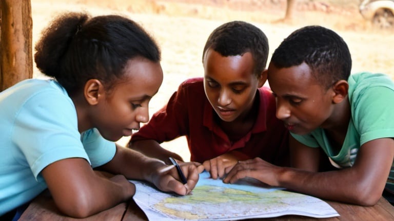 Prompt: Young Ethiopians discussing on the map of etiopian around the table