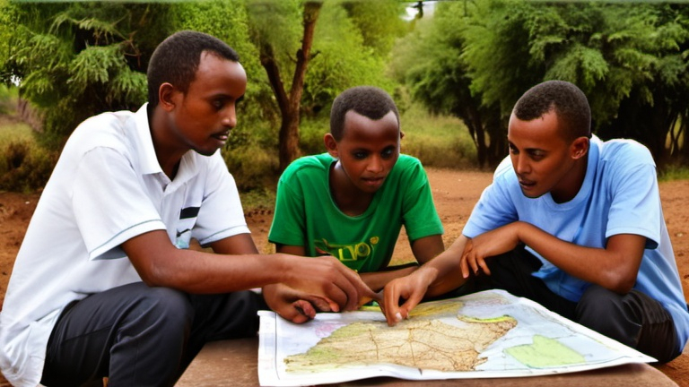 Prompt: Young Ethiopians discussing on the map of etiopian around the table