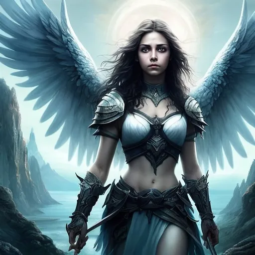 Prompt: Beautiful soft, confident, woman warrior with white wings from the center of back, walking straight at the viewer, fierce expression,  smooth, soft skin, beautiful intricate dark hair, symmetrical, big eyes, detailed face, magical, ethereal lighting, high quality, vivid colors, fantasy blue sky, fog, smoke, fantasy, realistic, colorful. complementary colors





 

