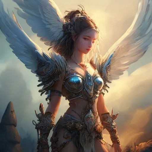 Prompt: beautiful woman warrior with white wings, wearing chest armor, and skirt down to the ground blowing with the breeze, shiny metallic straps up the calves, smooth soft skin, beautiful intricate hair, symmetrical, big eyes, detailed face, magical, ethereal lighting, high quality, vivid colors, fantasy art , ruins, fog, smoke, fire, touching fire, holding flames, fantasy, realistic, colorful