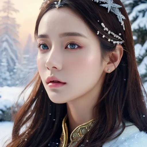 Prompt: create photograph of beautiful winter female princes, detailed face, extremely detailed environment, extremely detailed background, extremely detailed skin, extremely detailed clothing, natural colors , professionally color graded, photorealism, 8k, realistic, moody lighting, galactic environment, volumetric lighting