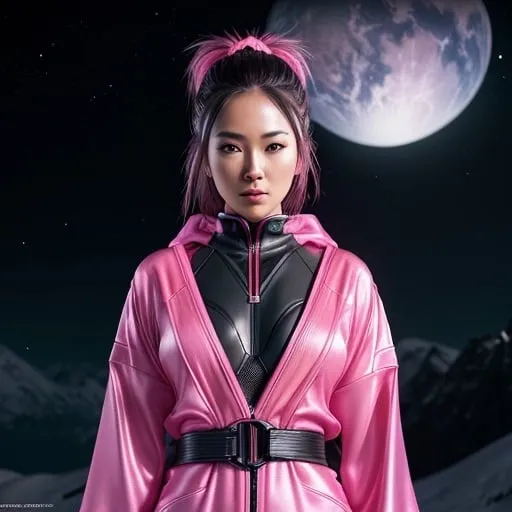 Prompt: create photograph of beautiful  female ninja who is wearing bright pink futuristic ninja robes,  night time and beautiful sky  space and planets an nebulae in sky highly detailed, detailed face, extremely detailed environment, extremely detailed background, extremely detailed skin, extremely detailed clothing, natural colors , professionally color graded, photorealism, 8k, realistic, moody lighting, galactic environment, volumetric lighting