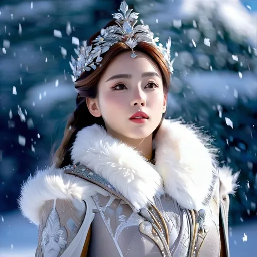 Prompt: create photograph of beautiful winter female princes, detailed face, extremely detailed environment, extremely detailed background, extremely detailed skin, extremely detailed clothing, natural colors , professionally color graded, photorealism, 8k, realistic, moody lighting, galactic environment, volumetric lighting