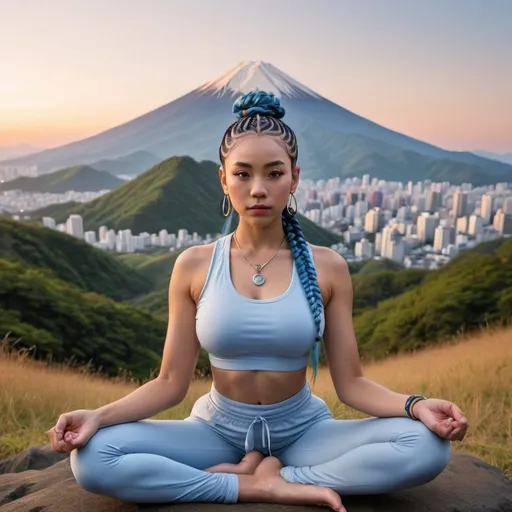 Prompt: professional modeling photo live action  human woman hd hyper realistic beautiful woman blue hair cornrows light brown skin hazel eyes beautiful face Japan women workout clothes with jewelry enchanting Japan landscape hd background with live action Japan mountain morning sunset in the background meditating