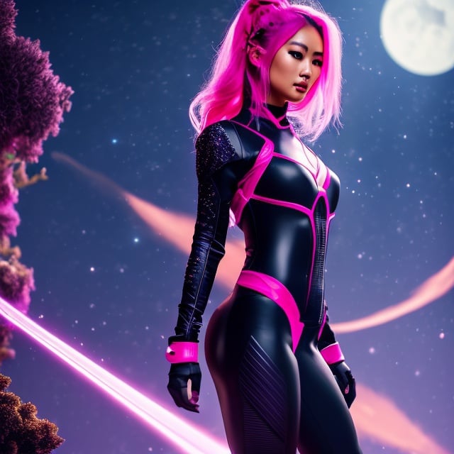 Prompt: create photograph of beautiful  female ninja who is wearing bright pink futuristic ninja suit,  night time and beautiful sky  space and planets an nebulae in sky highly detailed, detailed face, extremely detailed environment, extremely detailed background, extremely detailed skin, extremely detailed clothing, natural colors , professionally color graded, photorealism, 8k, realistic, moody lighting, galactic environment, volumetric lighting
