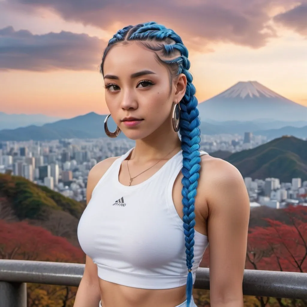 Prompt: professional modeling photo live action  human woman hd hyper realistic beautiful woman blue hair cornrows light brown skin hazel eyes beautiful face Japan women workout clothes with jewelry enchanting Japan landscape hd background with live action Japan mountain morning sunset in the background