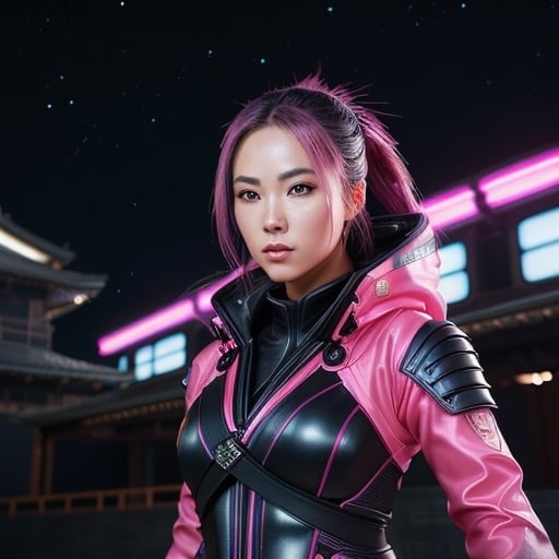 Prompt: create photograph of beautiful  female ninja who is wearing bright pink futuristic ninja robes,  night time and beautiful sky  space and planets an nebulae in sky highly detailed, detailed face, extremely detailed environment, extremely detailed background, extremely detailed skin, extremely detailed clothing, natural colors , professionally color graded, photorealism, 8k, realistic, moody lighting, galactic environment, volumetric lighting