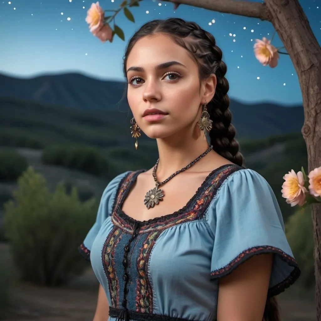 Prompt: professional modeling photo live action  human woman hd hyper realistic beautiful woman dark black hair cornrows light brown skin hazel eyes beautiful face light blue peasant dress with jewelry enchanting spanish landscape hd background with live action flowers and trees at night starry sky