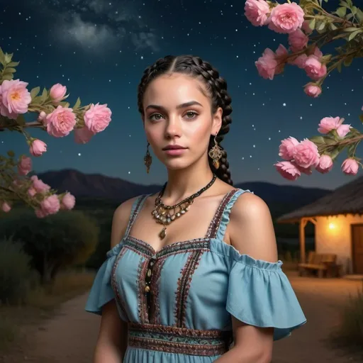 Prompt: professional modeling photo live action  human woman hd hyper realistic beautiful woman dark black hair cornrows on one half light brown skin hazel eyes beautiful face light blue peasant dress with jewelry enchanting spanish landscape hd background with live action flowers and trees at night starry sky