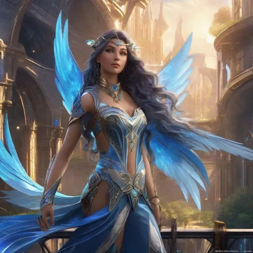Prompt: Description: Elara is a resident of the suspended city of Aethralis, a young woman with mechanical wings that allow her to fly between platforms and explore the ethereal skies. She embodies the harmony between the fantastic architecture and the lush nature of Aethralis. Appearance: Elara has long, wavy hair that shimmers in shades of blue and silver, reflecting the colors of the sky. Your skin is adorned with luminous tattoos that seem to move like clouds. She wears light, flowing clothes in shades of violet and turquoise, with gold accents. Mechanical Wings: Your mechanical wings are a marvel of Aethralis technology. Made of lightweight metal, they have articulated feathers that move elegantly as she flies. They have a gold finish and are adorned with jewel inlays that catch the sunlight. Expression: Elara's gaze is always full of curiosity and wonder. His eyes are the color of the sky at dusk, and they shine with a mixture of determination and kindness. A soft smile is always present on her lips. Accessories: Elara wears a feather-shaped amulet around her neck, a gift from her grandmother that has been passed down through generations. She also carries a journal where she records her discoveries and thoughts as she explores the skies. Setting: Imagine Elara on a terrace of one of the towers of Aethralis, with the setting sun painting the sky in shades of orange and pink. Her mechanical wings are extended, ready to take her on a new adventure across the sky. Immortalized Adventure: Elara is a symbol of freedom and exploration in Aethralis. Her image, golden wings outstretched, is often depicted on murals and sculptures around the city, inspiring others to follow their dreams of flying. Using this prompt, you can generate a vivid and awe-inspiring image of Elara, the Winged One of Aethralis.