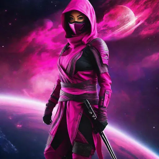 Prompt: create photograph of beautiful  female ninja who is wearing bright pink futuristic ninja robes,  night time and beautiful sky  space and planets an nebulae in sky highly detailed, detailed face, extremely detailed environment, extremely detailed background, extremely detailed skin, extremely detailed clothing, natural colors , professionally color graded, photorealism, 8k, realistic, moody lighting, galactic environment, volumetric lighting