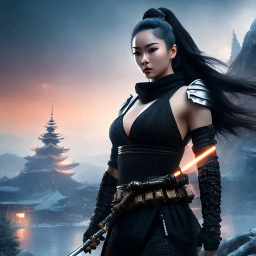 Prompt: create best quality photograph of beautiful female ninja who is wearing white,  night time and beautiful sky as background, detailed face, extremely detailed environment, extremely detailed background, extremely detailed skin, extremely detailed clothing, natural colors , professionally color graded, photorealism, 8k, realistic, moody lighting, galactic environment, volumetric lighting