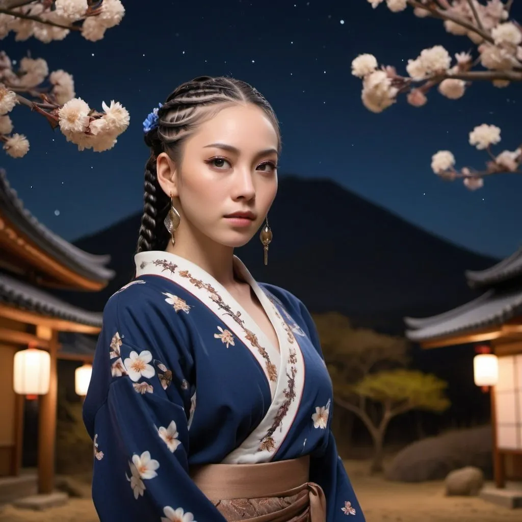Prompt: professional modeling photo live action  human woman hd hyper realistic beautiful woman dark blue hair cornrows light brown skin hazel eyes beautiful face traditional Japan women desert dress with jewelry enchanting Japan landscape hd background with live action flowers and trees at night Stars in the background