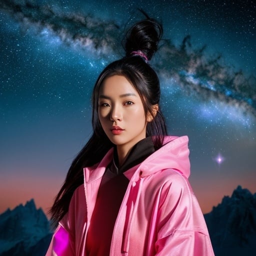 Prompt: create photograph of beautiful  female ninja who is wearing bright pink futuristic ninja robes,  night time and beautiful sky  space and planets an nebulae in sky highly detailed, detailed face, extremely detailed environment, extremely detailed background, extremely detailed skin, extremely detailed clothing, natural colors , professionally color graded, photorealism, 8k, realistic, moody lighting, galactic environment, volumetric lighting