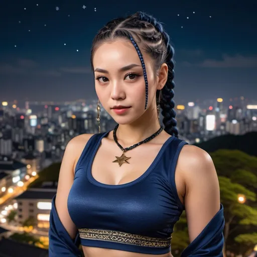 Prompt: professional modeling photo live action  human woman hd hyper realistic beautiful woman dark blue hair cornrows light brown skin hazel eyes beautiful face traditional Japan women workout clothes with jewelry enchanting Japan landscape hd background with live action Tokyo City night Stars in the background