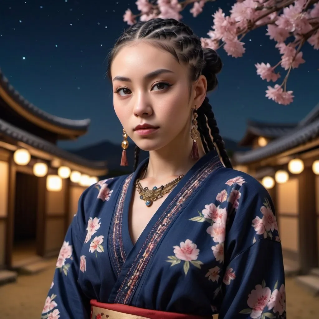 Prompt: professional modeling photo live action  human woman hd hyper realistic beautiful woman dark blue hair cornrows light brown skin hazel eyes beautiful face traditional Japan women desert dress with jewelry enchanting Japan landscape hd background with live action flowers and trees at night Stars in the background