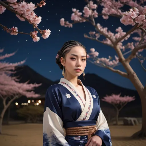 Prompt: professional modeling photo live action  human woman hd hyper realistic beautiful woman dark blue hair cornrows light brown skin hazel eyes beautiful face traditional Japan women desert dress with jewelry enchanting Japan landscape hd background with live action flowers and trees at night Stars in the background