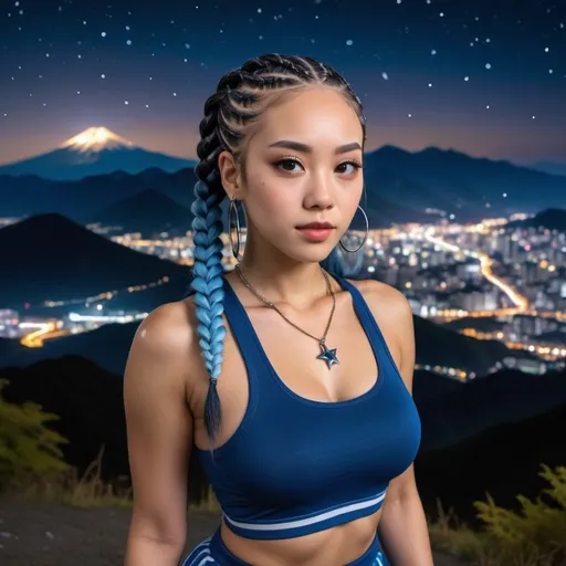 Prompt: professional modeling photo live action  human woman hd hyper realistic beautiful woman blue hair cornrows light brown skin hazel eyes beautiful face Japan women workout clothes with jewelry enchanting Japan landscape hd background with live action Japan mountain night Stars in the background