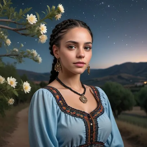 Prompt: professional modeling photo live action  human woman hd hyper realistic beautiful woman dark black hair cornrows light brown skin hazel eyes beautiful face light blue peasant dress with jewelry enchanting spanish landscape hd background with live action flowers and trees at night starry sky