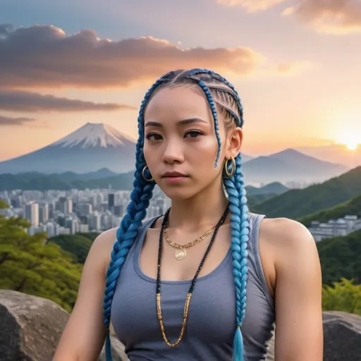 Prompt: professional modeling photo live action  human woman hd hyper realistic beautiful woman blue hair cornrows light brown skin hazel eyes beautiful face Japan women workout clothes with jewelry enchanting Japan landscape hd background with live action Japan mountain morning sunset in the background meditating