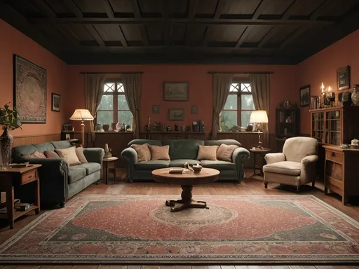 Prompt: a living room with a rug and couches and a rug on the floor and a rug on the floor, Enguerrand Quarton, arts and crafts movement, vfx, a detailed matte painting