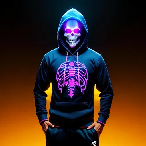 Prompt: sigma phonk skeleton dark background neon skeleton in hoodie flying 8K HD render high quality epic octane rendering 