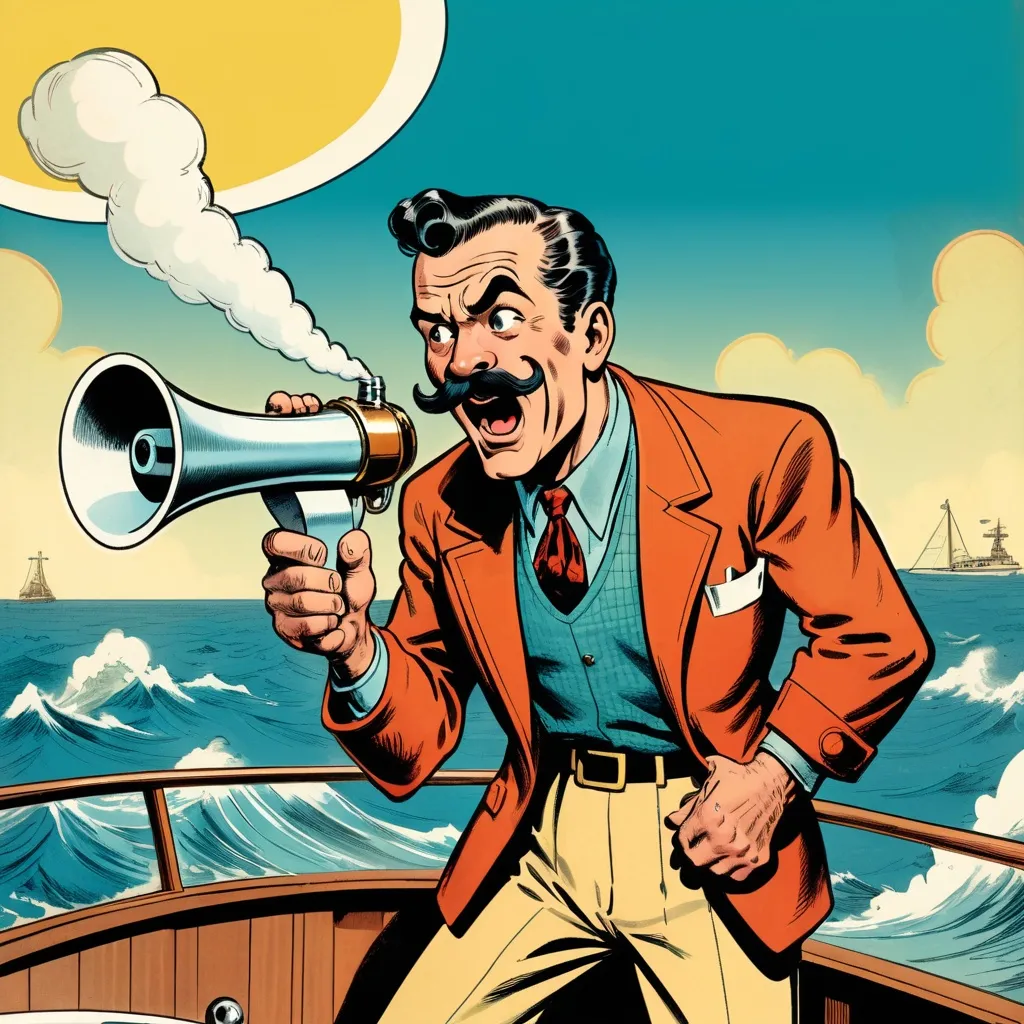 Prompt: (central content: retro deck-hand, with an old time mustache), on a yacht, shouting into a megaphone, in the style of (Jack Kirby and Wally Wood), 1940s vintage comic, (faded colors), dynamic pose, dramatic expression, atmospheric sea background, retro elements, bold outlines, high depth cinematic masterpiece, nostalgic ambiance, vintage vibe, engaging composition, (ultra-detailed) illustration.