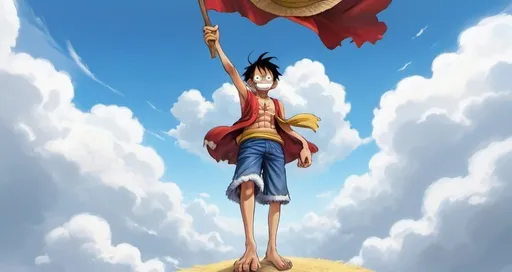 Prompt: Monkey D. Luffy from One Piece stands on a fluffy white cloud, high up in a clear, bright blue sky. He has large, majestic black wings extending from his back, giving him an ethereal, powerful presence. Luffy holds a golden flag in his left hand, its fabric catching the light and fluttering in the gentle breeze. His signature straw hat sits firmly on his head, and his expression is one of determination and confidence, ready to face any challenge. The overall scene feels epic and uplifting, capturing the spirit of adventure and freedom.