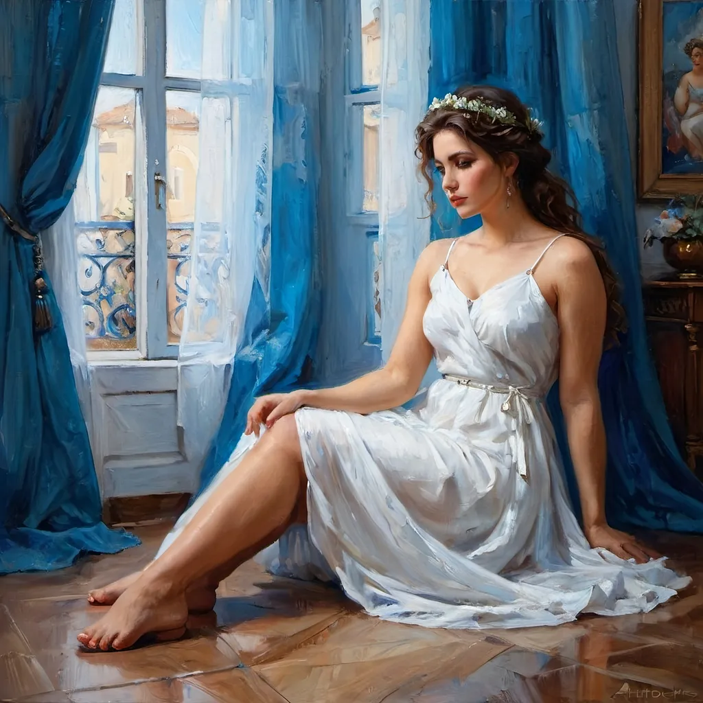 Prompt: a woman roman goddess in a white dress sitting on the floor with a blue curtain behind her and a blue curtain behind her, Anna Hotchkis, kitsch movement, fantasy style, a character portrait