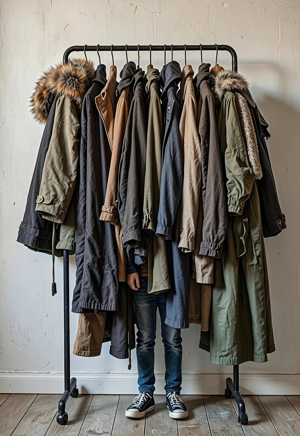 Prompt:  A young boy playing hide and seek, partially hidden behind a coat rack, colorful coats cascading down, only his legs and feet visible, warm and inviting atmosphere, soft brush strokes, rich textures, medium lighting, playful mood, cozy room interior, ultra-detailed, masterpiece.