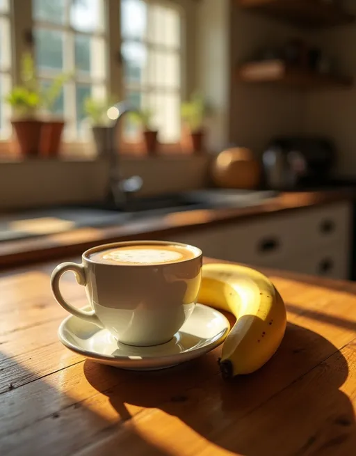 Prompt: coffee cup and banana  on a counter, (warm, inviting atmosphere), soft sunlight illuminating the scene, vibrant colors of the coffee and banana contrasting against the rustic counter, cozy ambiance, (HD, ultra-detailed), light reflections on the coffee surface, slight brown spots on the banana, capturing a moment of breakfast tranquility, charming kitchen background promoting a sense of homeliness.