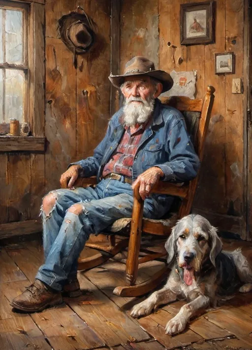 Prompt: An elderly  hillbilly with a long bushy grey beard and  hat sitting in a rocking chair posing with his old hound dog sitting by his feet, realistic character concept, a character portrait, floor texture is of wide old plank flooring, background wall texture is of old cracked plaster