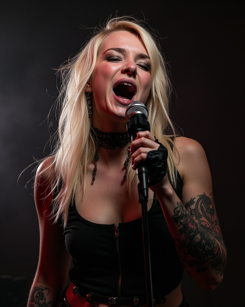 Prompt: Girl singer in a band, wild blond hair, gothic clothing, head tilted back screaming into a hand held microphone, show signs of sweating on her face